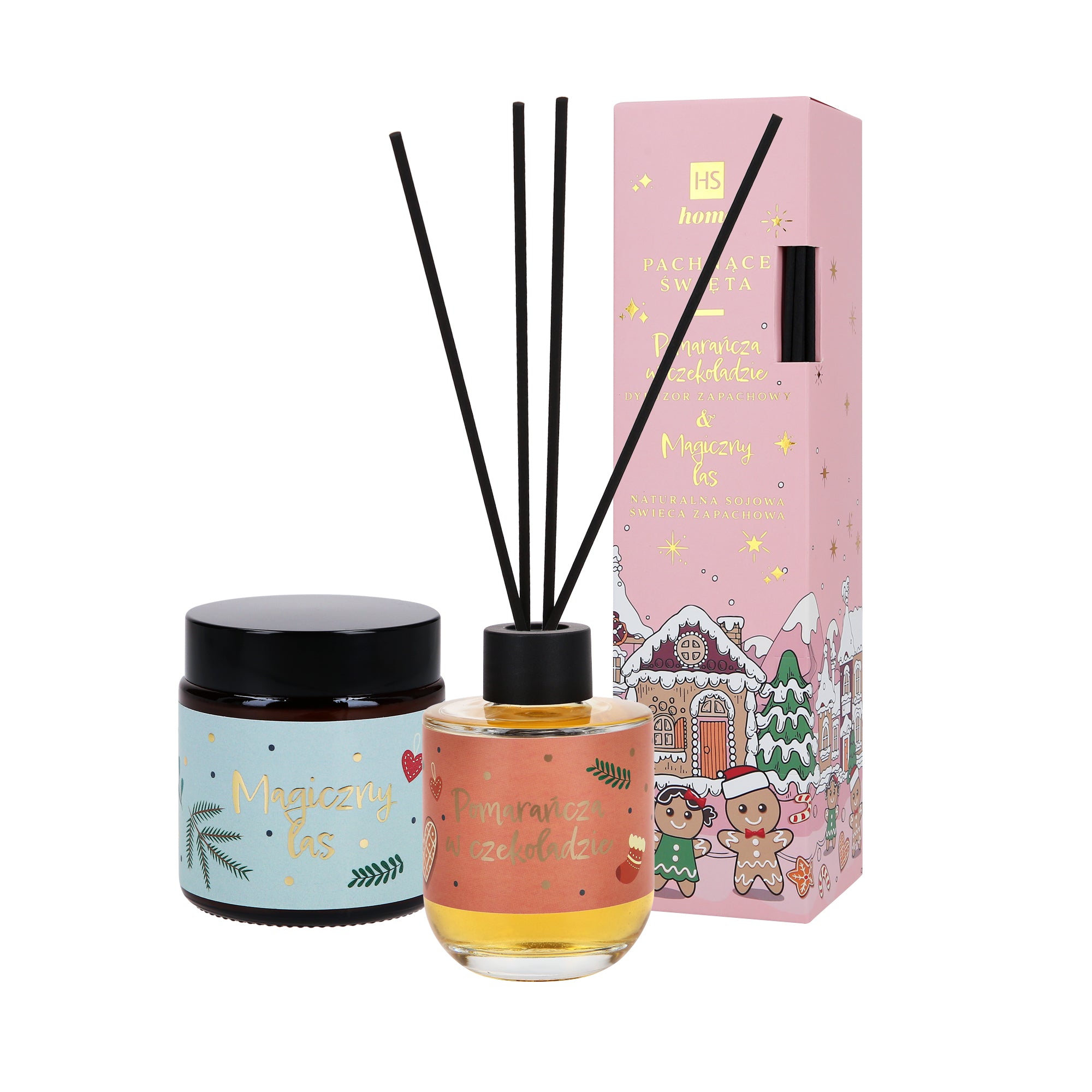 HISKIN HOME PACHNĄCE ŚWIĘTA Dyfuzor zapachowy pomarańcza w czekoladzie 80 ml + sojowa świeca zapachowa magiczny las 100 ml