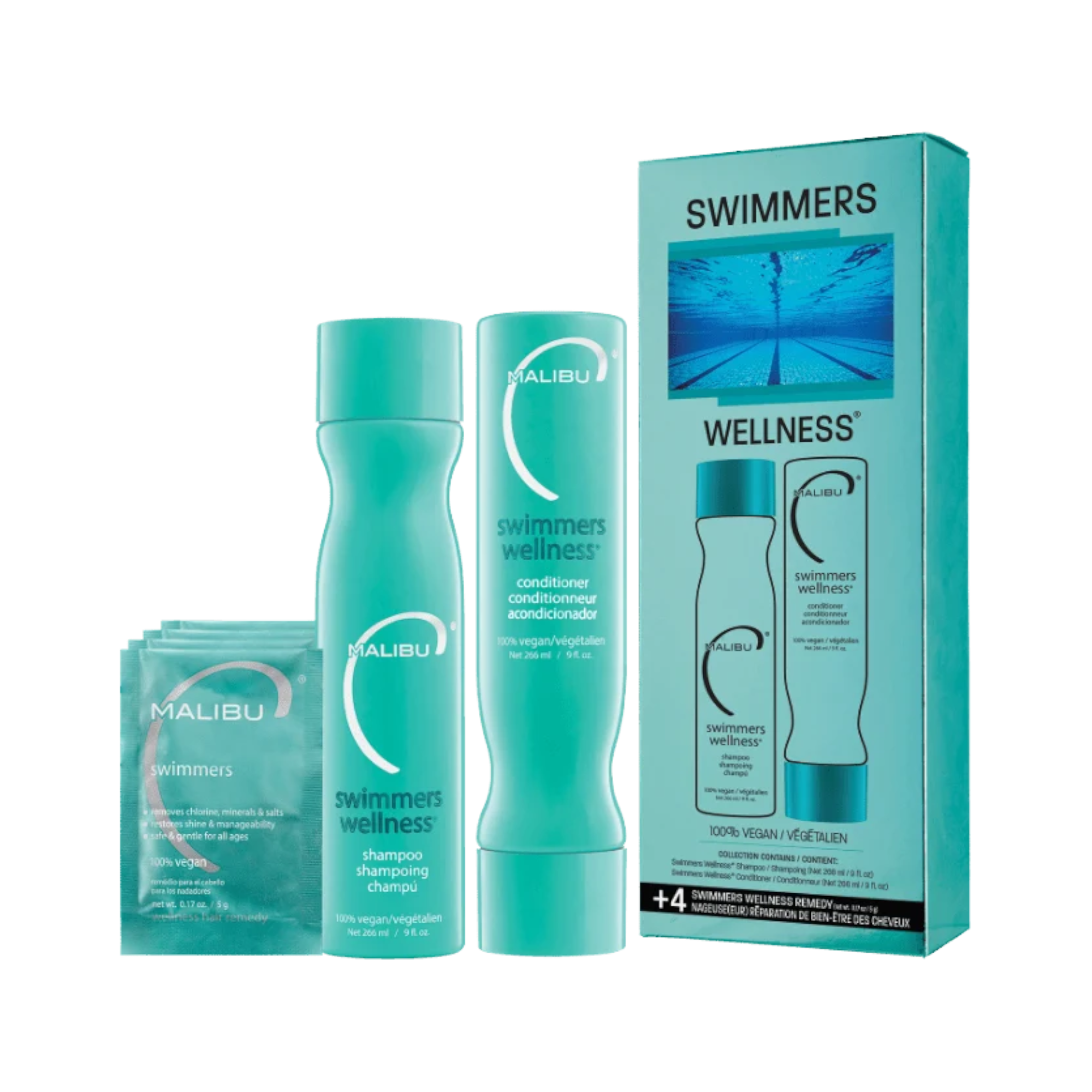 MALIBU C SWIMMERS WELLNESS COLLECTION Zestaw do usuwania chloru i osadów z włosów po basenie 2 x 266 ml + 5 g