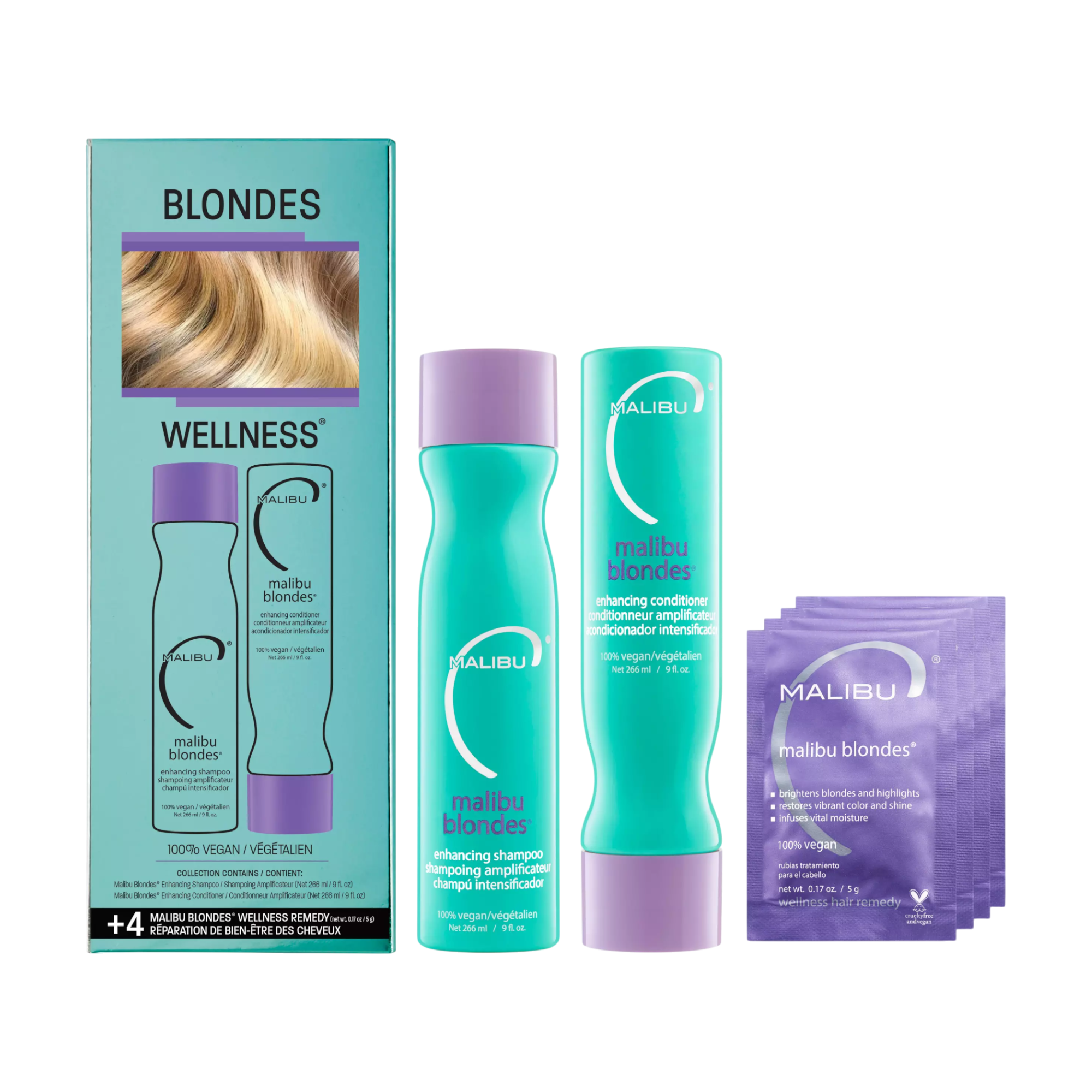 MALIBU C BLONDES WELLNESS COLLECTION Profesjonalny zestaw do włosów blond z kuracją chelatującą 2 x 266 ml + 4 x 5 g