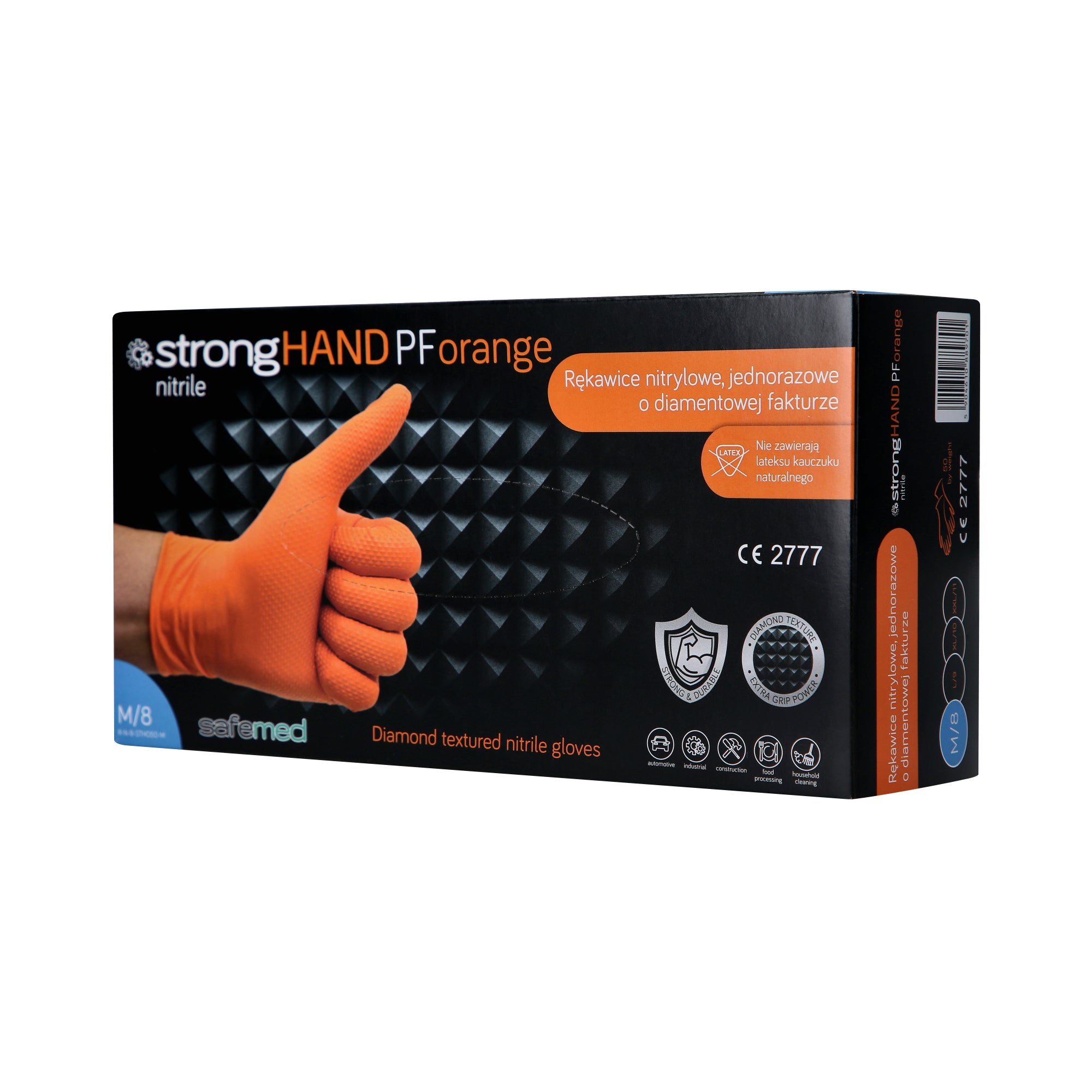 SAFEMED STRONG HAND PF Mocne rękawiczki jednorazowe nitrylowe o diamentowej fakturze Orange M 50 szt.