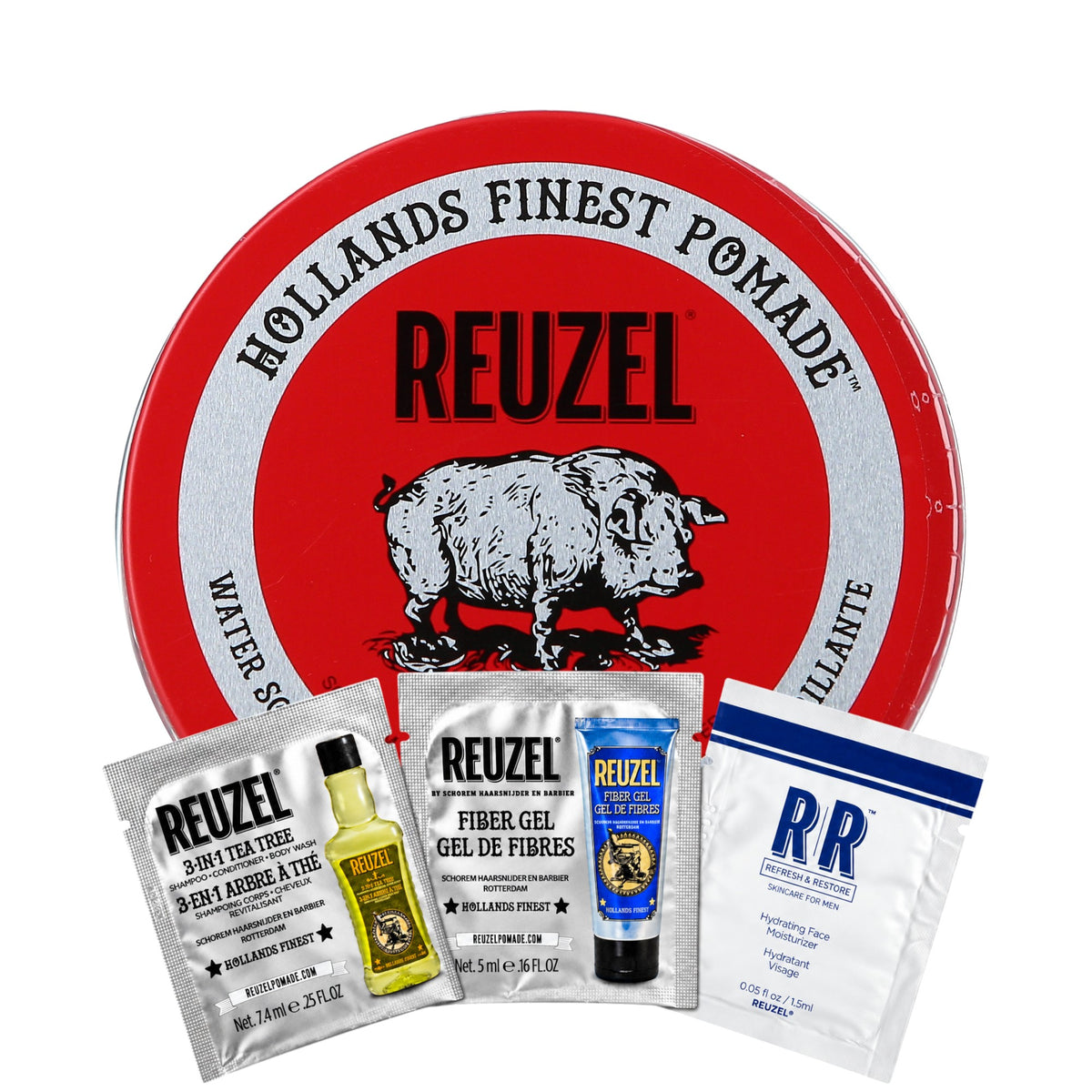 REUZEL RED POMADE WATER SOLUBLE HIGH SHINE Woda pomada do włosów o średnim utrwaleniu i intensywnym połysku 95 g + 3 saszetki