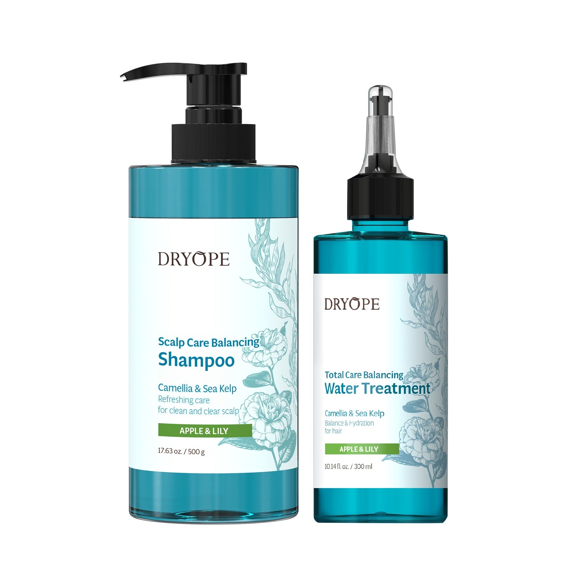 DRYOPE APPLE & LILY Zestaw, Wegański szampon 500 ml + Równoważąca kuracja wodna 300 ml