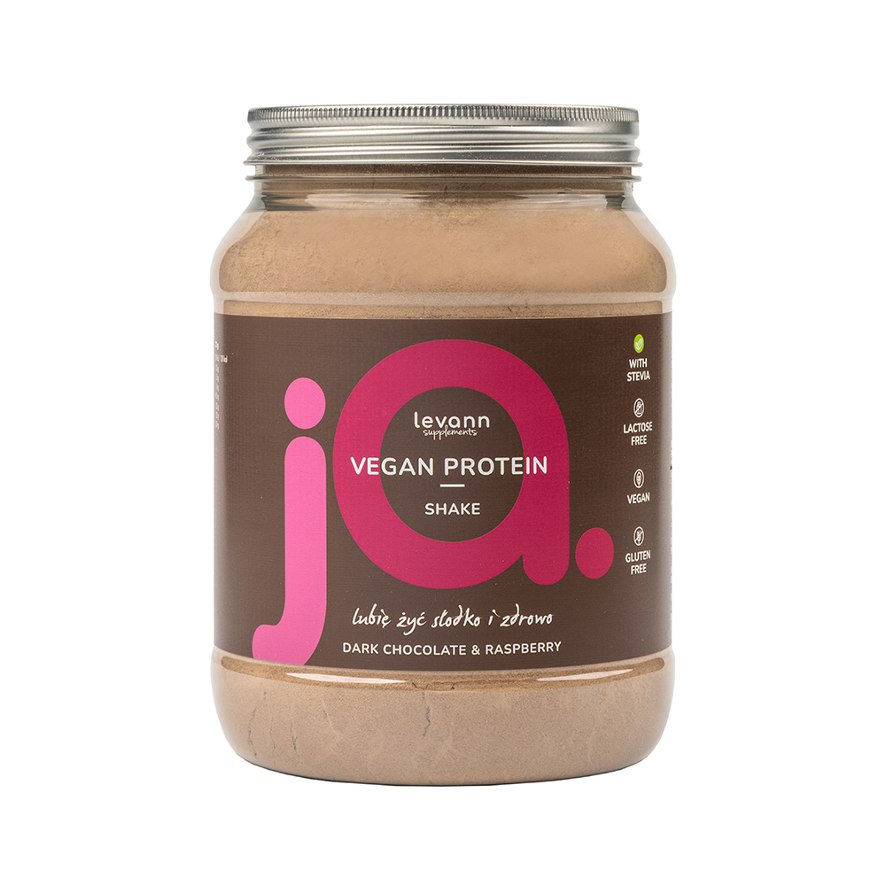 LEVANN “jA” SUPPLEMENTS VEGAN PROTEIN Wegańskie proteinowe białko o smaku gorzkiej czekolady z malinami, w proszku 500 g