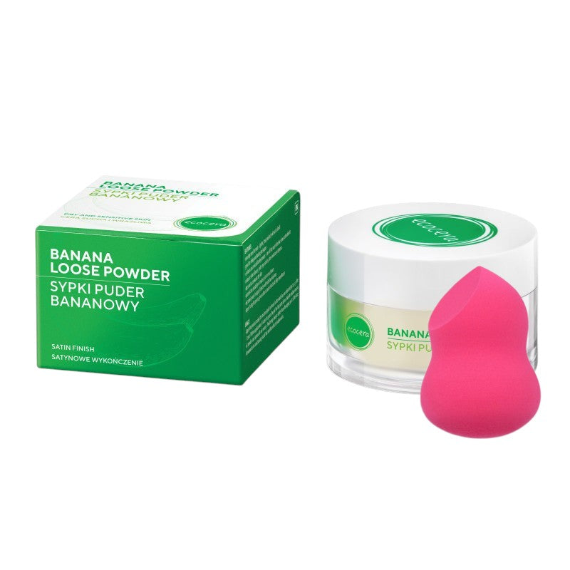 ECOCERA Sypki puder bananowy dla cery suchej i wrażliwej 8 g + MIMO Gąbka do makijażu, Pear cut, Różowa