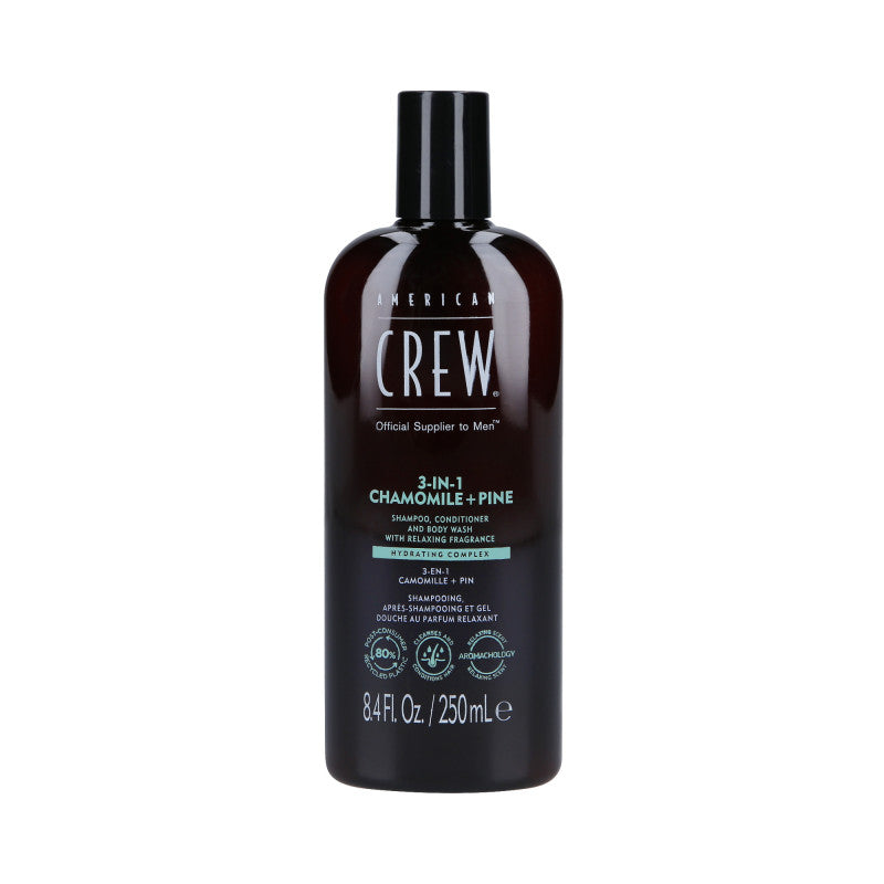 AMERICAN CREW 3-IN-1 CHAMOMILE&PINE Szampon, odżywka i żel pod prysznic, Trzy w jednym o zapachu rumianku i sosny 250 ml