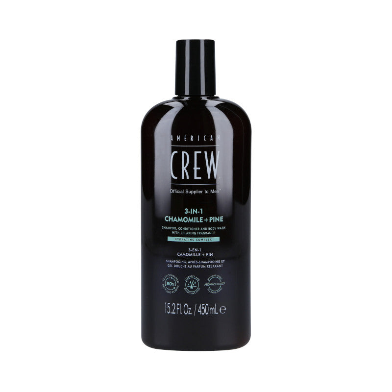 AMERICAN CREW 3-IN-1 CHAMOMILE&PINE Szampon, odżywka i żel pod prysznic, Trzy w jednym o zapachu rumianku i sosny 450 ml