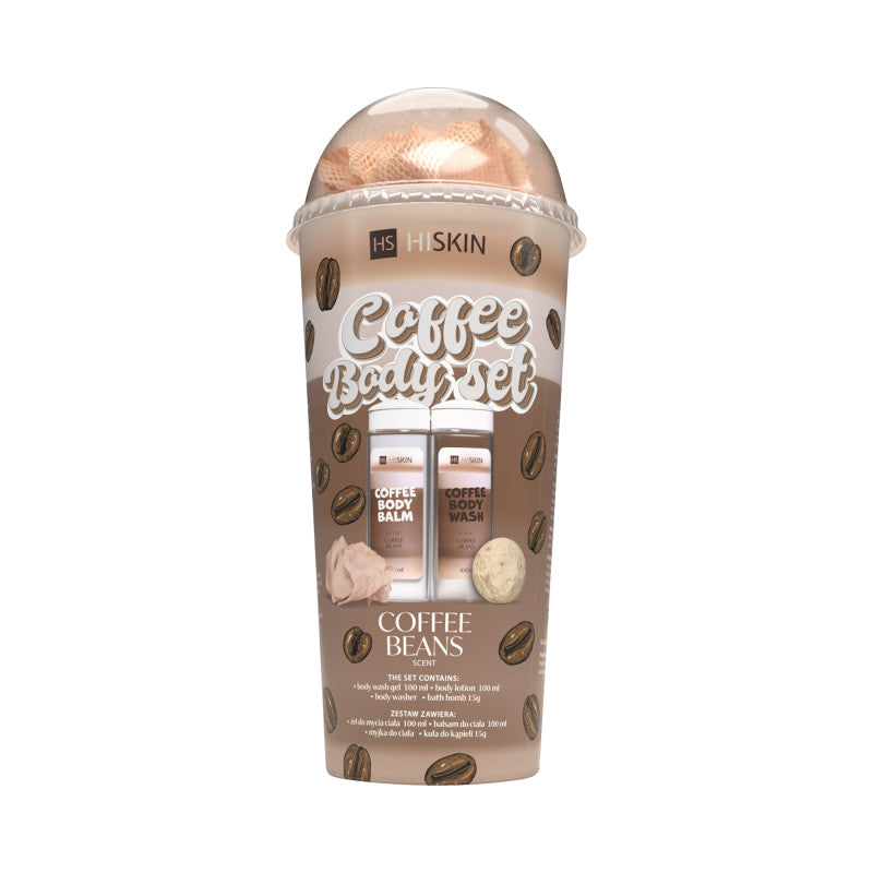 HISKIN BODY COFFEE SET Zestaw kąpielowy w tubie żel do mycia ciała 100 ml+balsam do ciała 100 ml+myjka+kula 15 g