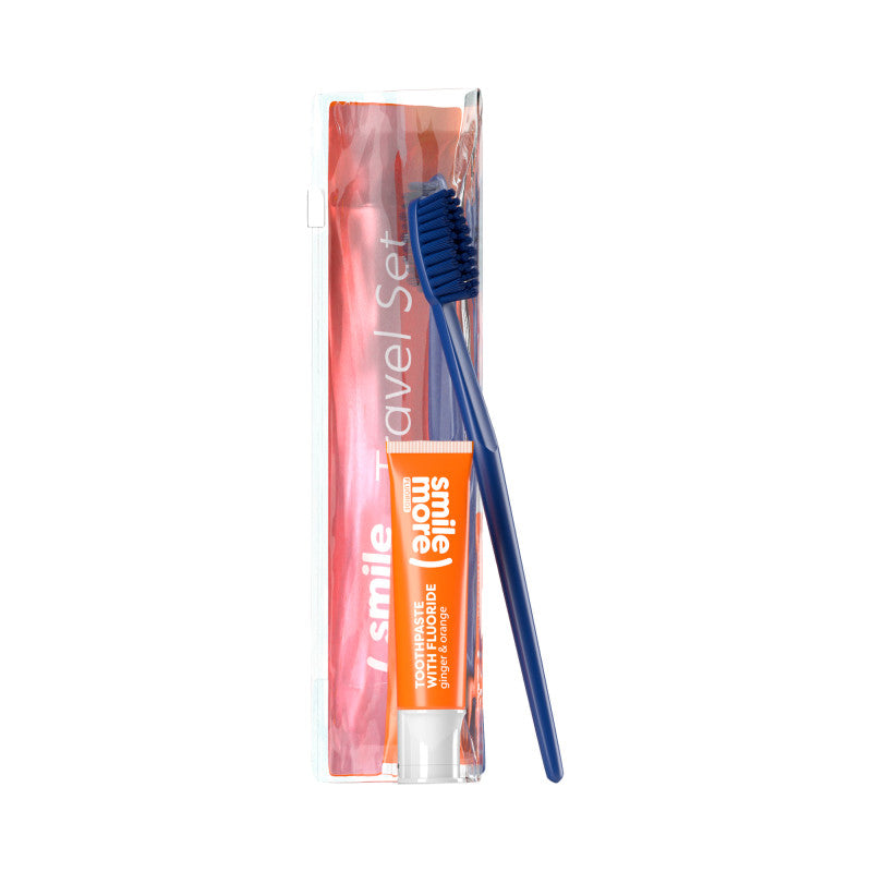 HISKIN DENTAL SMILE MORE Zestaw podróżny, szczoteczka + pasta do zębów Pomarańcza i imbir 30 ml