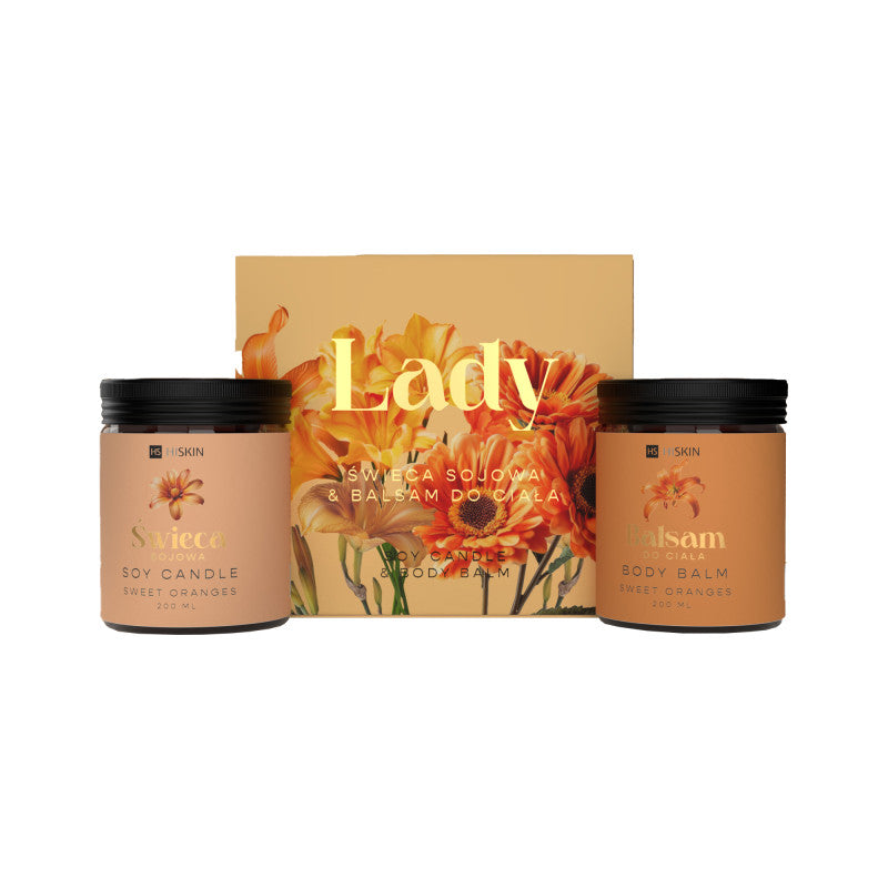 HISKIN LADY SWEET ORAGNE Zestaw dla kobiet Świeca sojowa + Masło do ciała 2x200 ml